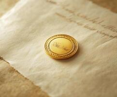 Elegant gold seal resting on parchment with vintage aesthetics photo