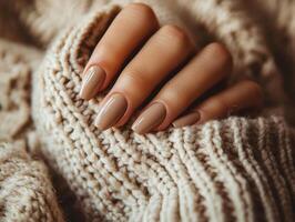 Cozy hand with stylish nails resting on warm sweater fabric photo