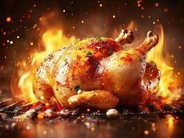 Whole roasted chicken on a grill surrounded by fire photo