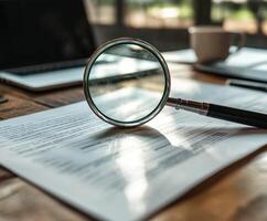 Examining documents with a magnifying glass at work photo