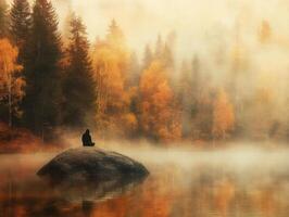 Serenity in nature with a person meditating by a foggy lake photo