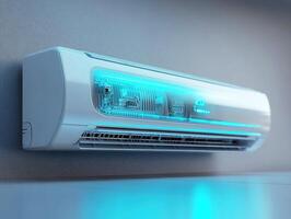 Modern air conditioning unit with blue lighting in a room photo