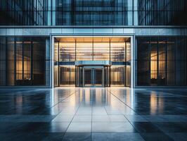 Modern glass building entrance with illuminated lobby at night photo
