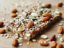 Healthy energy bar topped with nuts and seeds on a wooden surface photo