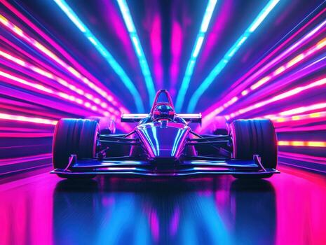 Bright neon lights illuminate a racing car in dynamic motion photo