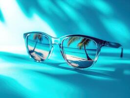 Sunglasses showcase beautiful beach view with palm trees photo