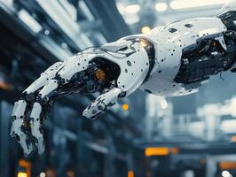 Advanced robotic arm showcasing intricate mechanics in factory photo