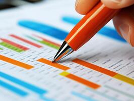 Analyzing data with a pen on colorful charts and graphs photo