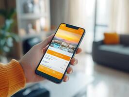 Exploring travel options on smartphone in modern living space photo