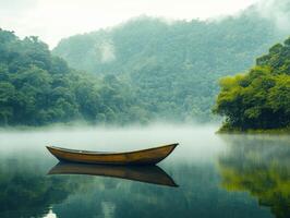 Serene wooden boat on tranquil foggy lake surrounded by mountains photo