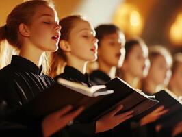 Young choir performs in a warm setting during evening practice photo