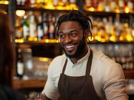 Bartender serves drinks and engages customers in cozy bar setting photo