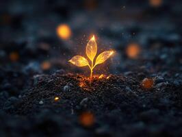 New plant sprouts glowing in rich soil during twilight hours photo