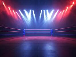 Brightly lit boxing ring ready for an intense match tonight photo