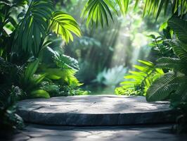 Sunlight filters through lush greenery in a tranquil garden setting photo