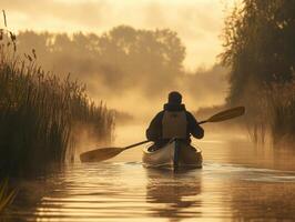 Kayaking at dawn in a misty waterway photo