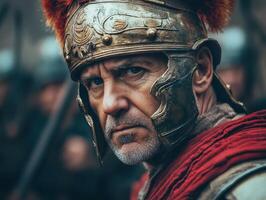 Roman soldier in battle-ready stance during ancient reenactment event photo
