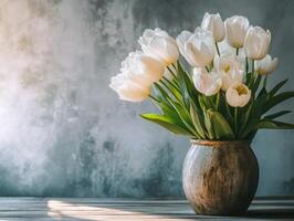 Elegant white tulips in a rustic vase on a wooden table photo