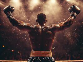Boxer celebrates victory after intense match in crowded arena photo