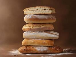 Different types of bread stacked aesthetically on a brown background photo