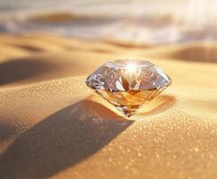 Stunning diamond sparkling on sandy beach at sunset photo