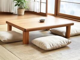 Traditional low table with cushions in a tranquil indoor setting photo