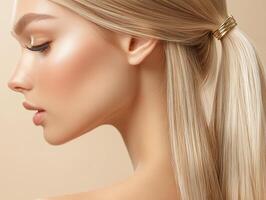 Captivating profile of a model with sleek blond hair photo