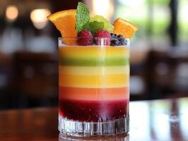 Colorful layered drink served in a clear glass with fresh fruits photo
