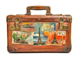 Vintage travel suitcase with scenic stickers of famous landmarks photo