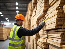 Worker measures lumber in warehouse during daylight hours photo
