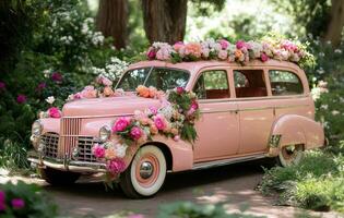 Classic pink car adorned with flowers in a lush garden setting photo