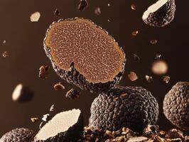 Delicious black truffles floating above ground with rich texture photo