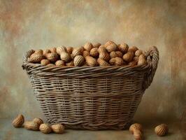 Rustic basket filled with fresh peanuts on textured background photo