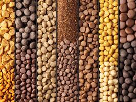 Variety of colorful pet food kibbles arranged in neat rows photo