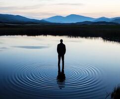 Man standing in calm water at twilight creating ripples photo