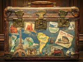 Vintage travel suitcase adorned with colorful destination stickers photo