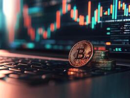 Bitcoin coins on a laptop keyboard with trading graphs displayed photo