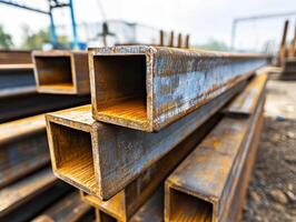 Rusty metal beams stacked at an industrial site near construction area photo