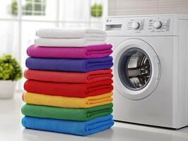 Vibrant towels neatly stacked beside a modern washing machine photo