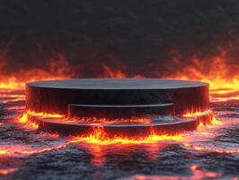 Volcanic platform surrounded by flowing lava in a dramatic landscape photo