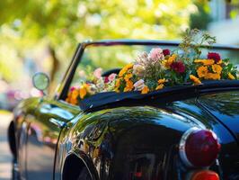 Classic convertible adorned with colorful flowers on a sunny day photo