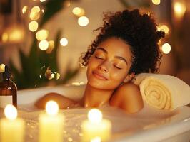 Relaxing bath experience with candles and soft lighting in evening photo