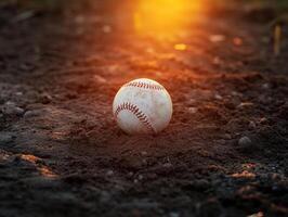 Baseball resting on dirt during a sunset in a quiet field photo