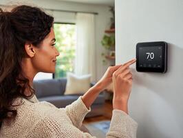 Woman adjusting smart thermostat in cozy living room setting photo