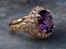 Elegant gold ring featuring a large purple gemstone and diamonds photo