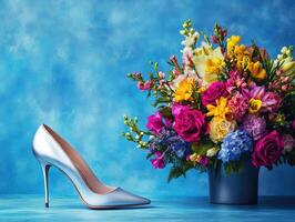 Bright blue background with elegant high-heel and vibrant flowers photo