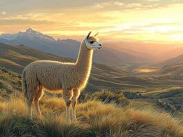 Majestic llama standing in golden sunset on mountainous landscape photo