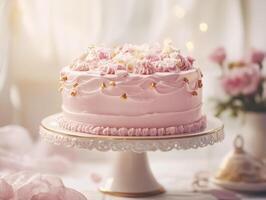 Elegant pink cake adorned with flowers on a dessert table photo