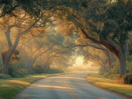 Morning light filters through trees on a serene country road photo