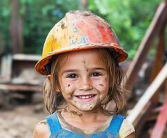 Young child smiling with a helmet surrounded by construction site photo